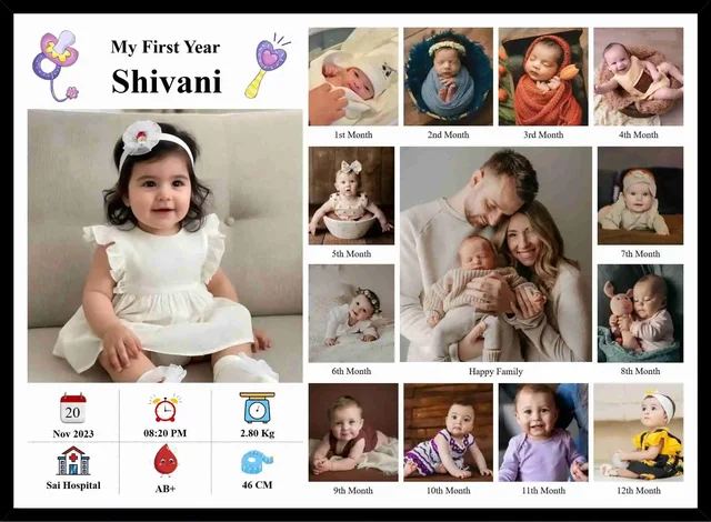 Custom My First Year Baby Photo Collage Frame with 12 Monthly Milestones, Name & Birth Details