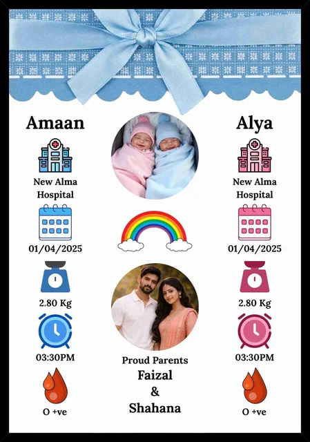 Twins Newborn Announcement Frame with Photos & Birth Details