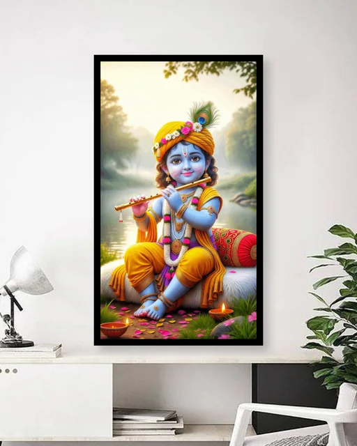 Lord Krishna Flute Wall Art Frame – Divine Krishna Spiritual Home Decor