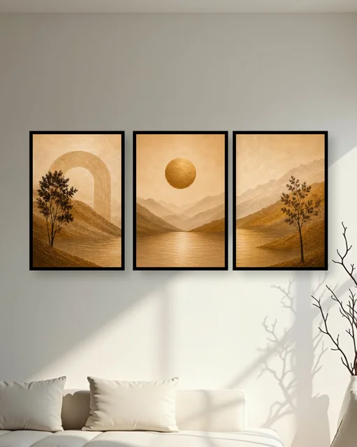 Personalised Golden Mountain Triptych Frame – Minimalist Nature Wall Art