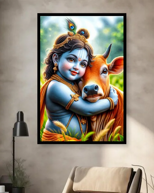 Lord Krishna with Cow Wall Art Frame – Divine Krishna Spiritual Home Decor