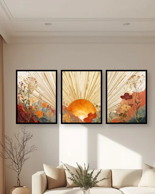 Personalised Floral Sunrise Triptych Frame – Warm Botanical Wall Art