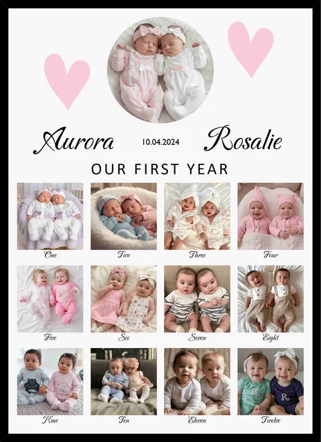Personalized Twin Baby Journey Frame with Monthly Photos