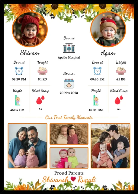 Twin Baby Birth Details Customizable Photo Frame