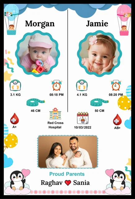 Personalized Twins Baby Birth Photo Frame – Custom Twin Newborn Keepsake