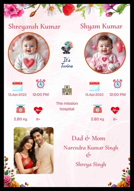 Personalized Twin Newborn Photo Collage Frame with Names & Details