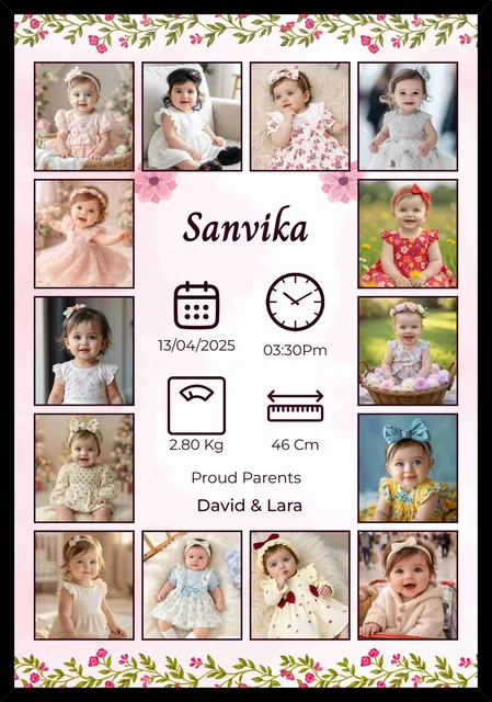 Custom Newborn Baby Photo Collage Frame with Birth Information