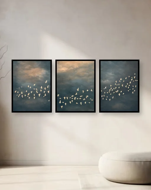 Personalised Flying Birds Triptych Frame – Moody Blue Minimalist Wall Art