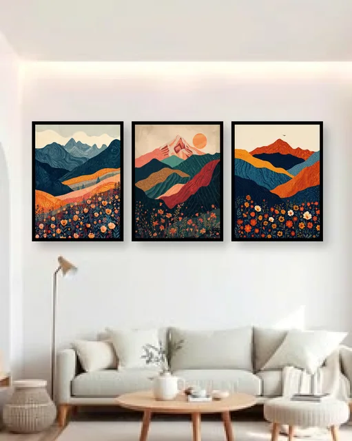 Personalised Floral Mountain Triptych Frame – Colourful Landscape Wall Art