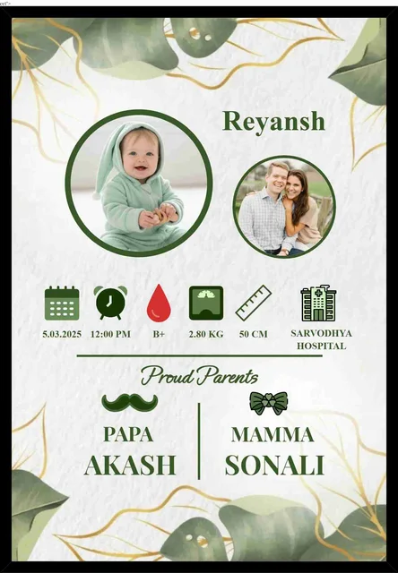 Baby Welcome Frame with Name, Birth Details And Parents Photo