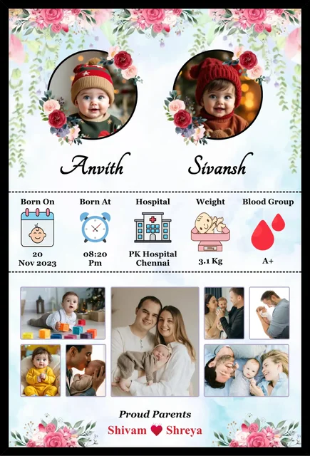 Twin Baby Love Memory Frame – Personalized Baby Details