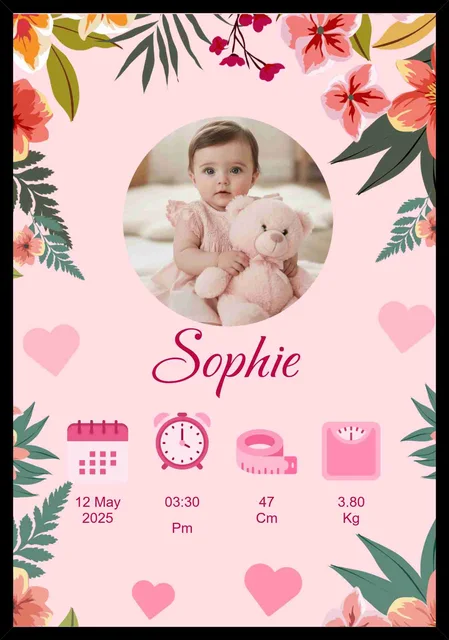 Floral Baby Birth Frame with Name, Photo And Newborn Information