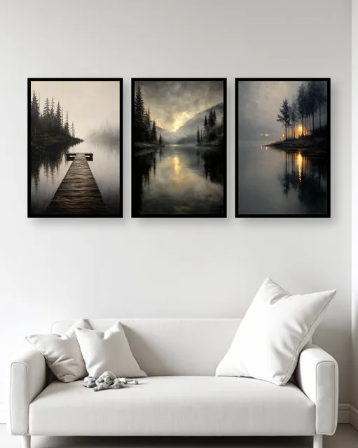 Personalised Misty Forest Lake Triptych Frame – Moody Nature Wall Art