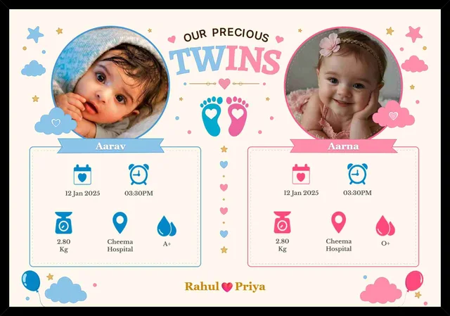 Custom Twin Baby Keepsake Photo Frame with Birth Details