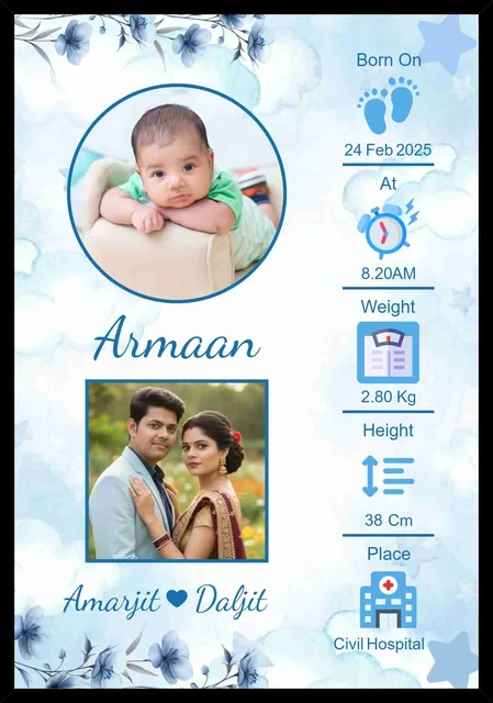 Personalized Baby Birth Details Frame with Parents Photo