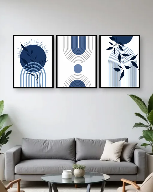Personalised Blue Botanical Geometric Triptych Frame – Modern Minimalist Wall Art